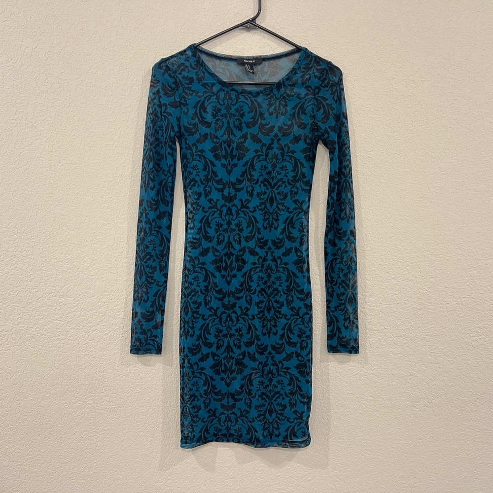 Forever 21 Womens Small Teal Black Damask Mesh Bodycon Mini Dress Long Sleeve